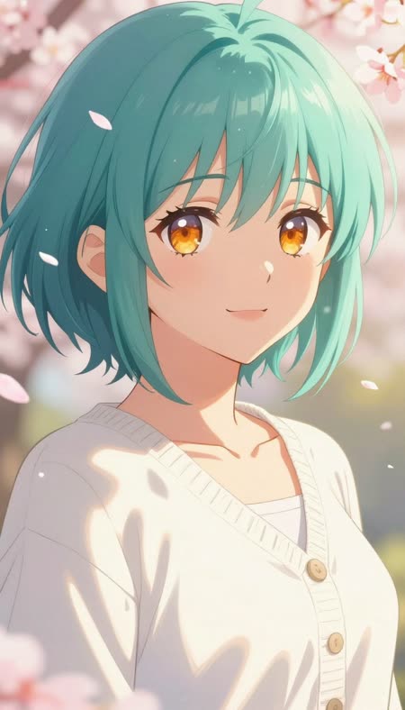 Anime: Ilustrasi anime perempuan rambut teal pendek, kelopak sakura beterbangan, cahaya senja