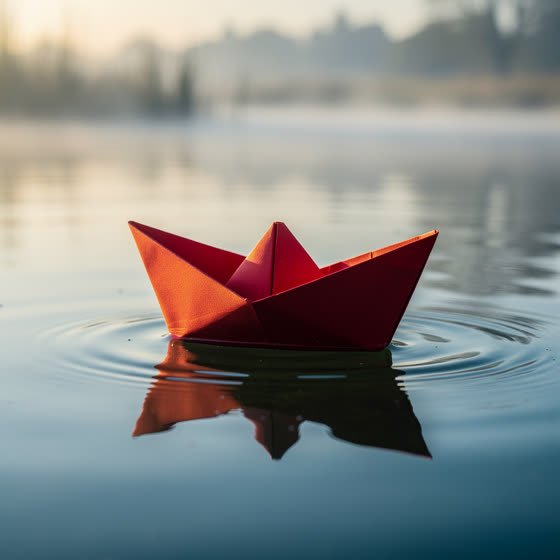FLUX.2 Pro: Kata yang sama, mesin berbeda: “Perahu kertas merah mengapung di kolam tenang, cahaya pagi”. Pilih gaya yang Anda suka, lalu jadikan milik Anda.