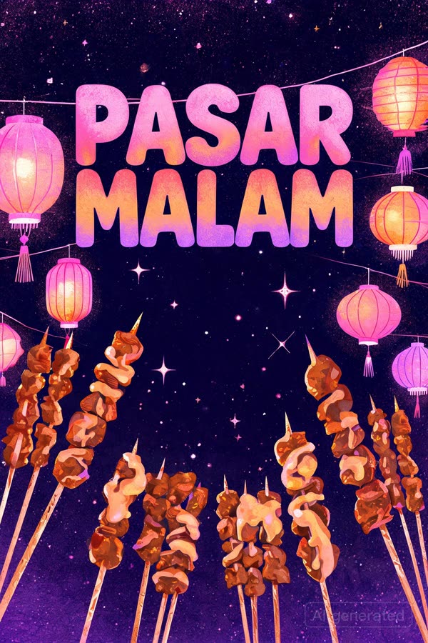 Poster: Poster festival kuliner bertuliskan 'PASAR MALAM', sate, lampion dan bintang, gaya risograph