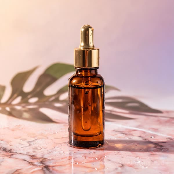 Foto produk: Botol serum amber di atas marmer pink basah, bayangan daun tropis, gaya iklan mewah