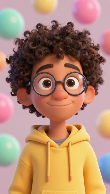 Karakter 3D: Potret karakter 3D ala film animasi: cowok rambut keriting, kacamata bulat, hoodie kuning